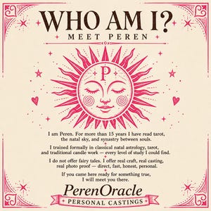 Puede incluir: Un p&oacute;ster color crema con detalles en rosa presenta el texto "WHO AM I? MEET PEREN." Un sol con una cara y la letra "P" est&aacute; en el centro. El p&oacute;ster incluye texto sobre la lectura del tarot y los castings personales.
