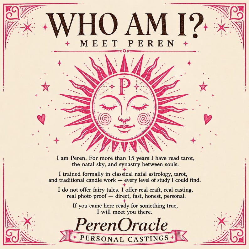 Puede incluir: Un p&oacute;ster color crema con detalles en rosa presenta el texto "WHO AM I? MEET PEREN." Un sol con una cara y la letra "P" est&aacute; en el centro. El p&oacute;ster incluye texto sobre la lectura del tarot y los castings personales.