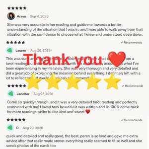 May include: A collection of four customer reviews for a tarot reading service, each featuring a five-star rating. The text includes feedback from Araya, Lauren, Jennifer, and O, with a large red heart emoji and five yellow stars overlaid on the text.