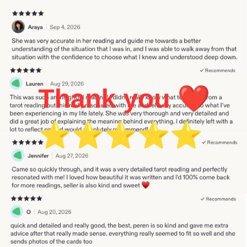 May include: A collection of four customer reviews for a tarot reading service, each featuring a five-star rating. The text includes feedback from Araya, Lauren, Jennifer, and O, with a large red heart emoji and five yellow stars overlaid on the text.