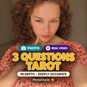 May include: A person with curly auburn hair wearing an orange floral top. Text overlays read: PHOTO, REAL VIDEO, 3 QUESTIONS TAROT, IN DEPTH • DEEPLY ACCURATE, and PerenOracle with a sun icon. The person has a hand near their chin.