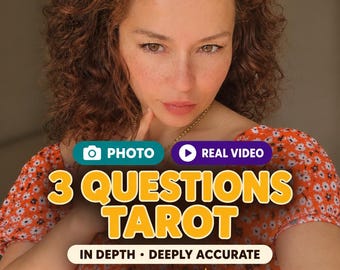 May include: A person with curly auburn hair wearing an orange floral top. Text overlays read: PHOTO, REAL VIDEO, 3 QUESTIONS TAROT, IN DEPTH • DEEPLY ACCURATE, and PerenOracle with a sun icon. The person has a hand near their chin.