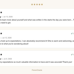 May include: A digital display of three five-star customer reviews for PerenOracle. The reviews include text from users named Jenny, Elina, and amber, dated July 2026, detailing positive feedback about personal insights and accurate information provided.