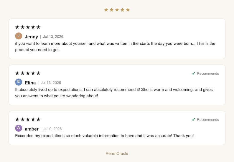 May include: A digital display of three five-star customer reviews for PerenOracle. The reviews include text from users named Jenny, Elina, and amber, dated July 2026, detailing positive feedback about personal insights and accurate information provided.