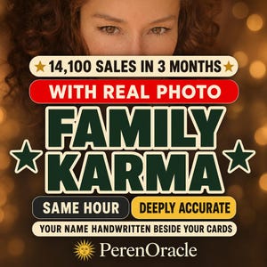 Może przedstawiać: Graficzna reklama z tekstem 14,100 SALES IN 3 MONTHS, WITH REAL PHOTO, FAMILY KARMA, SAME HOUR, DEEPLY ACCURATE, YOUR NAME HANDWRITTEN BESIDE YOUR CARDS oraz PerenOracle z ikoną słońca, na rozmytym złotym tle.