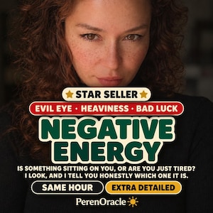 May include: A graphic advertisement featuring a person with curly hair and the text: STAR SELLER, EVIL EYE, HEAVINESS, BAD LUCK, NEGATIVE ENERGY, IS SOMETHING SITTING ON YOU, OR ARE YOU JUST TIRED? I LOOK, AND I TELL YOU HONESTLY WHICH ONE IT IS, SAME HOUR, EXTRA DETAILED, PerenOracle.
