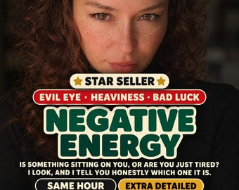 May include: A graphic advertisement featuring a person with curly hair and the text: STAR SELLER, EVIL EYE, HEAVINESS, BAD LUCK, NEGATIVE ENERGY, IS SOMETHING SITTING ON YOU, OR ARE YOU JUST TIRED? I LOOK, AND I TELL YOU HONESTLY WHICH ONE IT IS, SAME HOUR, EXTRA DETAILED, PerenOracle.