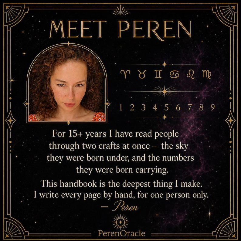 May include: A black square graphic with gold borders featuring the text MEET PEREN, a circular portrait of a person with curly hair, zodiac symbols, numbers 1 through 9, and text describing a handbook written by hand for one person by Peren.