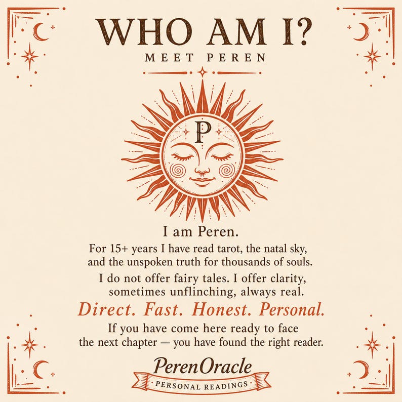 May include: A square graphic with a cream background and dark orange text. At the top, it reads WHO AM I? MEET PEREN. Below is a sun illustration with a face and the letter P. The text describes tarot and natal sky readings, ending with PerenOracle.