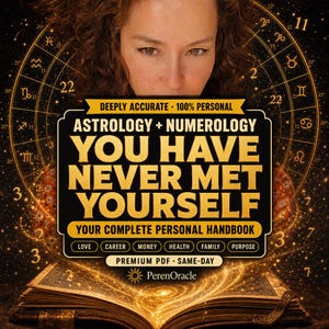 May include: A digital graphic featuring a person behind a black sign with gold text reading: DEEPLY ACCURATE 100% PERSONAL ASTROLOGY + NUMEROLOGY YOU HAVE NEVER MET YOURSELF YOUR COMPLETE PERSONAL HANDBOOK LOVE CAREER MONEY HEALTH FAMILY PURPOSE PerenOracle.