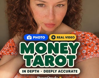 May include: A person with curly auburn hair wearing an orange floral top. Text overlays include PHOTO, REAL VIDEO, MONEY TAROT, IN DEPTH • DEEPLY ACCURATE, and PerenOracle with a sun icon. The person has freckles and is looking directly at the camera.