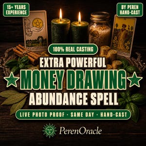 Può includere: Una pubblicità per un incantesimo per attirare denaro e abbondanza. L'immagine presenta candele verdi accese, carte dei tarocchi, monete e il testo "Money Drawing Abundance Spell". Il testo include anche "100% Real Casting" e "Live Photo Proof".