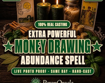 May include: An advertisement for a money drawing and abundance spell. The image features lit green candles, tarot cards, coins, and the text "Money Drawing Abundance Spell". The text also includes "100% Real Casting" and "Live Photo Proof".