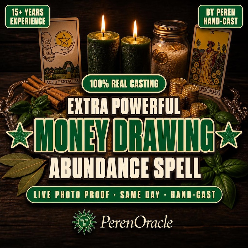 Op de afbeelding: Een advertentie voor een geldtrek- en overvloedspreuk. De afbeelding toont brandende groene kaarsen, tarotkaarten, munten en de tekst "Money Drawing Abundance Spell". De tekst bevat ook "100% Real Casting" en "Live Photo Proof".