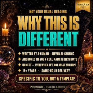 Op de afbeelding: Een promotionele afbeelding voor PerenOracle paranormale lezingen met een donkere achtergrond, kaarsen, een glazen bol en paarse kristallen. De tekst luidt: NOT YOUR USUAL READING, WHY THIS IS DIFFERENT, WRITTEN BY A HUMAN, ANCHORED IN YOUR REAL NAME & BIRTH DATE, HONEST, 15+ YEARS, SAME-HOUR DELIVERY, SPECIFIC TO YOU, NOT A TEMPLATE.