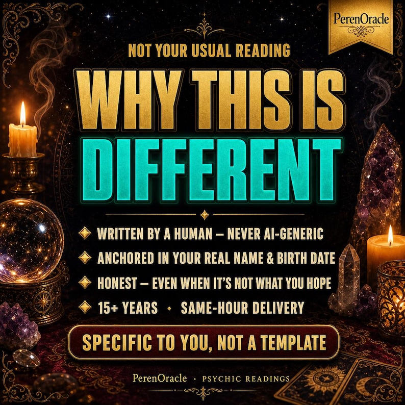 Op de afbeelding: Een promotionele afbeelding voor PerenOracle paranormale lezingen met een donkere achtergrond, kaarsen, een glazen bol en paarse kristallen. De tekst luidt: NOT YOUR USUAL READING, WHY THIS IS DIFFERENT, WRITTEN BY A HUMAN, ANCHORED IN YOUR REAL NAME & BIRTH DATE, HONEST, 15+ YEARS, SAME-HOUR DELIVERY, SPECIFIC TO YOU, NOT A TEMPLATE.
