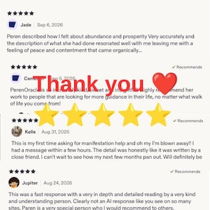 May include: A digital graphic featuring four five-star customer reviews with user names and dates. The text Thank you is displayed in large red letters alongside a red heart icon and five large yellow stars centered over the review text.
