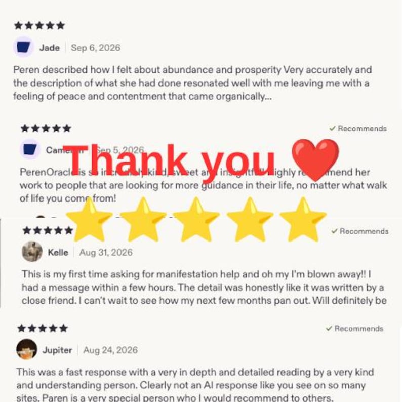 May include: A digital graphic featuring four five-star customer reviews with user names and dates. The text Thank you is displayed in large red letters alongside a red heart icon and five large yellow stars centered over the review text.