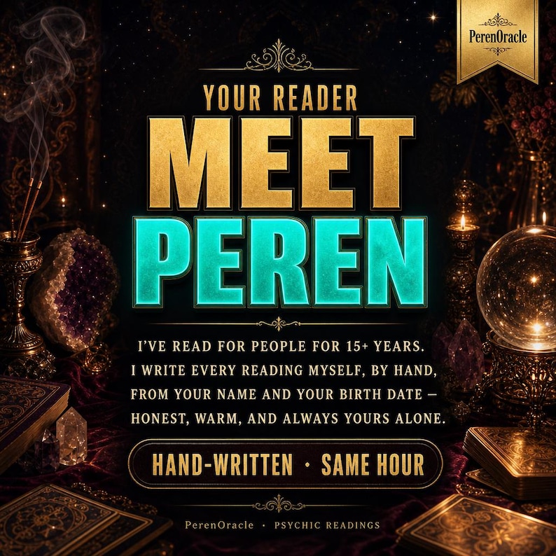 Op de afbeelding: Een digitale afbeelding met de tekst YOUR READER MEET PEREN in goud en turquoise. Daaronder staat: I'VE READ FOR PEOPLE FOR 15+ YEARS. I WRITE EVERY READING MYSELF, BY HAND, FROM YOUR NAME AND YOUR BIRTH DATE. HAND-WRITTEN SAME HOUR. PerenOracle Psychic Readings.