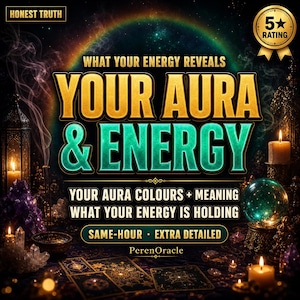 Può includere: Una pubblicità con il testo "YOUR AURA & ENERGY" in oro e verde acqua. L'immagine include un arcobaleno, candele, cristalli e tarocchi, con le parole "HONEST TRUTH" e "5 STAR RATING".