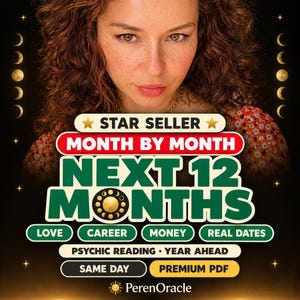 May include: A digital graphic featuring a person with curly hair and text that reads STAR SELLER MONTH BY MONTH NEXT 12 MONTHS, LOVE, CAREER, MONEY, REAL DATES, PSYCHIC READING YEAR AHEAD, SAME DAY, PREMIUM PDF, and PerenOracle.
