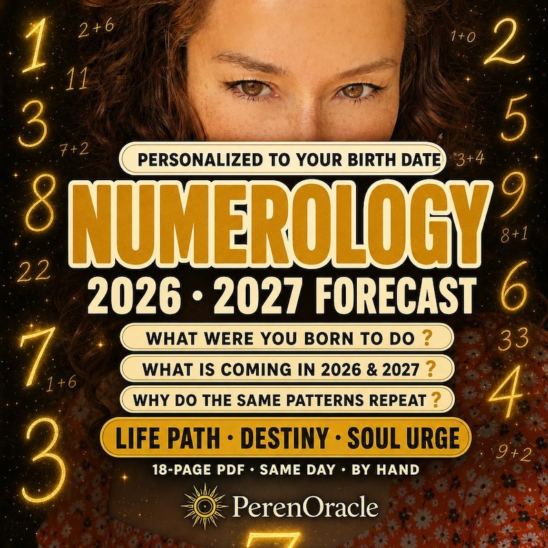 Puede incluir: Un informe de numerolog&iacute;a digital para 2026 y 2027 con el texto Personalized to your birth date, Numerology 2026-2027 Forecast, What were you born to do, What is coming in 2026 & 2027, Why do the same patterns repeat, Life Path, Destiny, Soul Urge.