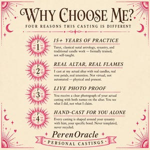 Puede incluir: Gr&aacute;fico color crema con el texto "WHY CHOOSE ME?" y "FOUR REASONS THIS CASTING IS DIFFERENT." El gr&aacute;fico incluye ilustraciones de sol y luna y el texto "PerenOracle PERSONAL CASTINGS."
