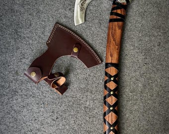 Handmade Viking Axe with Leather Sheath | Norse Engraved Hatchet | Custom Wooden Handle Axe | Viking Gift for Him | Medieval Decor Axe