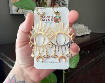 Large Evil Eye Protection Earrings • Gold Plated Hoops • Moons • Witchy