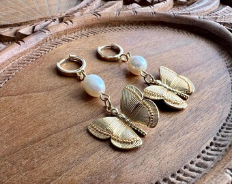 Pearls + Butterfly Gold Plated Hoop Earrings
