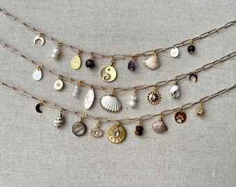Beachy Charm Necklaces • Healing Collection • 18k Gold Plated • Shells • Gemstone