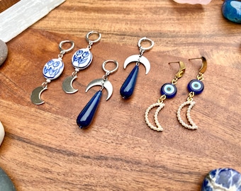 Blue Earrings • Gemstone Jewelry • Moon • Agate • Evil Eye protection