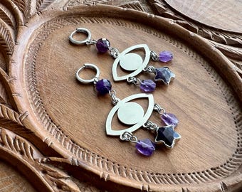 Amethyst Stars & Evil Eye Protection Earrings • Silver Plated • Hoops