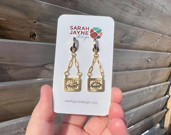 Evil Eye Protection • Gold Plated Hoops • Dangly Chain Earrings
