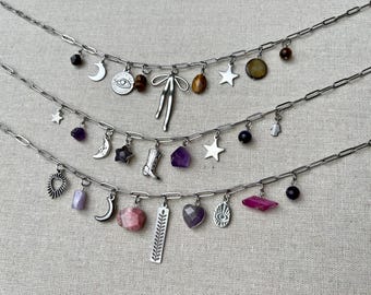 Charm Necklaces • Healing Collection • Stainless Steel • Purple, Pink, Brown • Gemstone