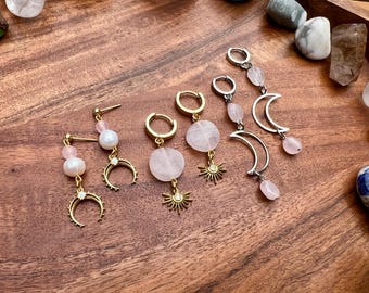 Rose Quartz Earrings • Gemstone Jewelry • Pearls • Moon • Pink