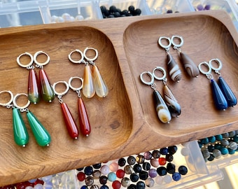 Agate Hoops • Earrings • Silver Tone • Gemstone Jewelry
