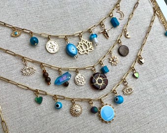 Charm Necklaces • Healing Collection • 18K Gold Plated • Turquoise, Blue & Brown • Gemstone
