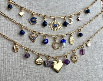 Charm Necklaces • Healing Collection • 18k Gold Plated • Dark Blue or Purple • Gemstone