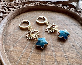 Apatite Stars & Evil Eye Protection Earrings • Gold Plated Hoops