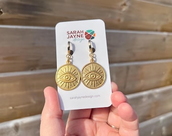 Gold Stainless Steel Evil Eye Protection Earrings • Gold Plated Hoops