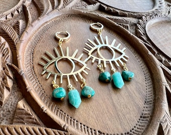 Amazonite • Large Evil Eye Protection Earrings • Gold Plated Hoops