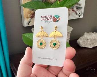 Green Heart Burst Studs • Gold Plated • Earrings