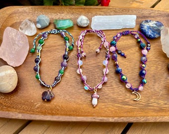 Anklets • Macramé • Gemstone • Adjustable • Green, Purple, Pink & Gold
