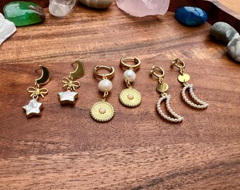 Earrings • Gemstone Jewelry • Pearls • Moon • Witchy • White & Gold
