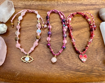 Anklets • Macramé • Gemstone • Adjustable •  Pink & Red