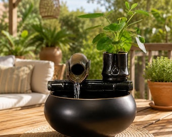 Zen Indoor Water Fountain with Plant Pot | Tabletop Waterfall Decor | Relaxing Desktop Fountain | Modern Home Office Decoration