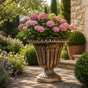 May include: A large, ornate, gold-colored urn filled with vibrant pink hydrangeas. The urn has a detailed, classical design and sits on a brick patio. The background features lush greenery and a stone building.