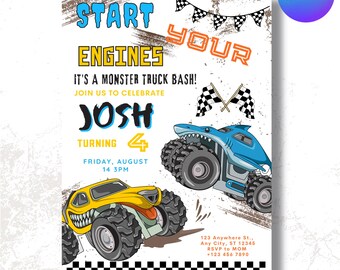 Convite de aniversário com tema de Monster Truck | Modelos de convite de aniversário