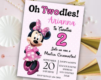 Convite de aniversário editável da Minnie Mouse "Oh Twodles" | Convite rosa para menina | Download digital da Minnie